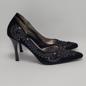 Anne Mitchell Black Suede Beaded Embellished D'orsay Heels Size 7.5